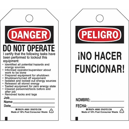 Lockout Tag, Danger/Peligro, Paper, 3 in Width, 5 3/4 in Height, Write On Surface: Yes MPN:133492