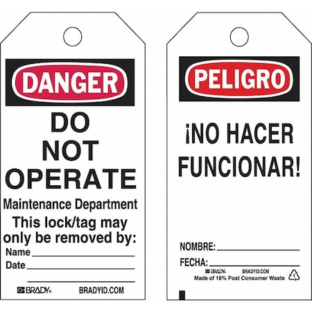 Lockout Tag, Danger/Peligro, Paper, 3 in Width, 5 3/4 in Height, Write On Surface: Yes MPN:133547