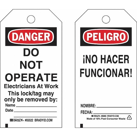 Lockout Tag, Danger/Peligro, Polyester, 3 in Width, 5 3/4 in Height, Write On Surface: Yes, 25 PK MPN:133549