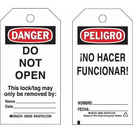 Lockout Tag, Danger/Peligro, Polyester, 3 in Width, 5 3/4 in Height, Write On Surface: Yes, 25 PK MPN:133559