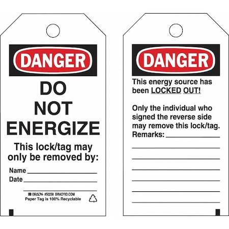 Lockout Tag, Danger, Polyester, 3 in Width, 5 3/4 in Height, Write On Surface: Yes, 25 PK MPN:133564