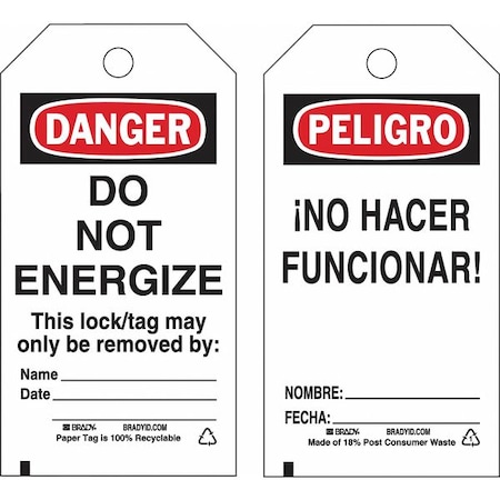 Lockout Tag, Danger/Peligro, Polyester, 3 in Width, 5 3/4 in Height, Write On Surface: Yes, 25 PK MPN:133565