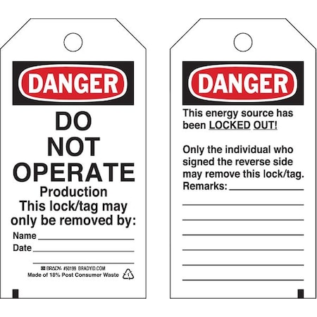Danger Tag, Danger, Cardstock, 3 in Width, 5 3/4 in Height, Write On Surface: Yes, 25 PK MPN:50250