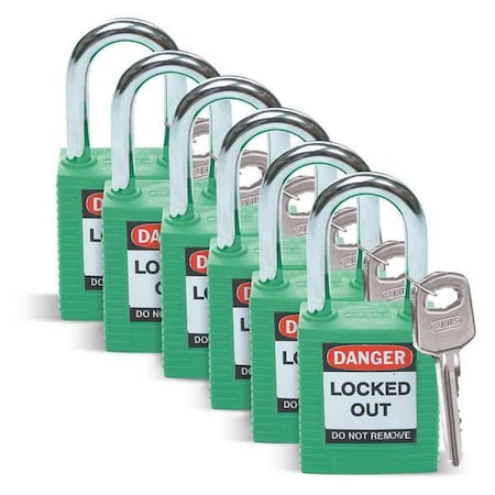 Lockout Padlock, Keyed Different, Nylon, Standard Body Size, 1-3/4 in H, Green, PK6 MPN:51345