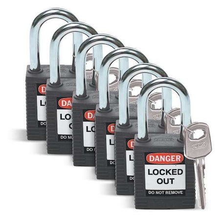 Lockout Padlock, Keyed Different, Nylon, Standard Body Size, 1-3/4 in H, Black, PK6 MPN:51353