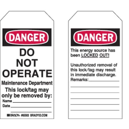 Danger Tag, Danger, Cardstock, 3 in Width, 5 3/4 in Height, Write On Surface: Yes, 25 PK MPN:65441