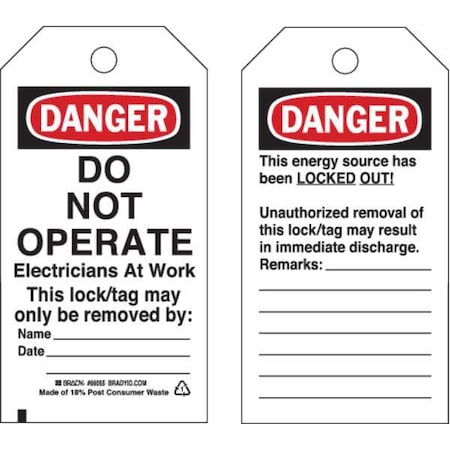 Danger, Cardstock, 3 in Width, 5 3/4 in Height, Write On Surface: Yes, 25 PK MPN:65443