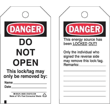 Danger Tag, Danger, Cardstock, 3 in Width, 5 3/4 in Height, Write On Surface: Yes, 25 PK MPN:65448