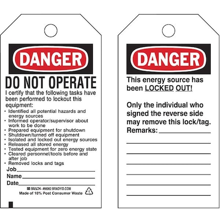 Danger Tag, Danger, Cardstock, 3 in Width, 5 3/4 in Height, Write On Surface: Yes, 25 PK MPN:65450
