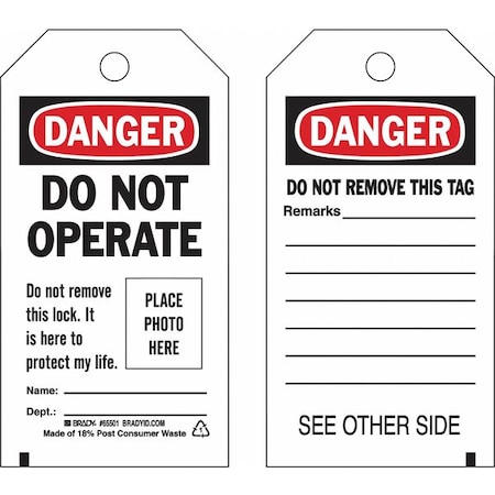 Lockout Tag, Danger, Polyester, 3 in Width, 5 3/4 in Height, Write On Surface: Yes, 25 PK MPN:65500