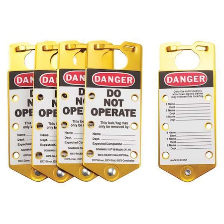 Labeled Lockout Hasp, Gold, Aluminum, 6 Max. No. of Padlocks, 5/16 in Max. Shackle Dia. MPN:65974