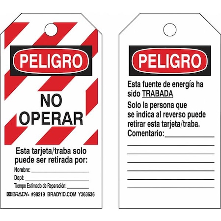 Lockout Tag, Danger/Peligro, Polyester, 3 in Width, 5 3/4 in Height, Write On Surface: Yes, 25 PK MPN:98219