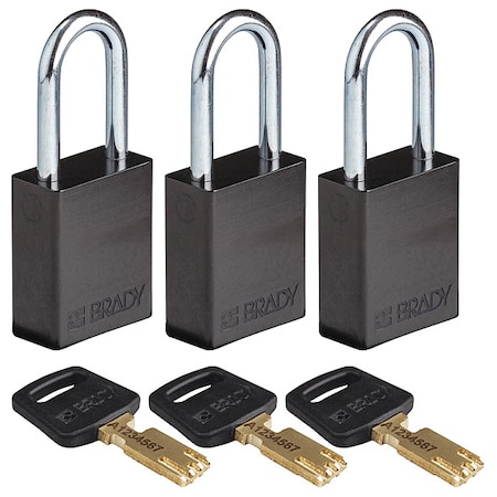Lockout Padlock, Keyed Alike, Aluminum, Black, 1 1/2 in Shackle Height, 1 1/2 in Body Width, 3 PK MPN:ALU-BLK-38ST-KA3PK