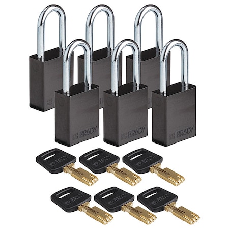 Lockout Padlock, Keyed Alike, Aluminum, Black, 1 1/2 in Shackle Height, 1 1/2 in Body Width, 6 PK MPN:ALU-BLK-38ST-KA6PK