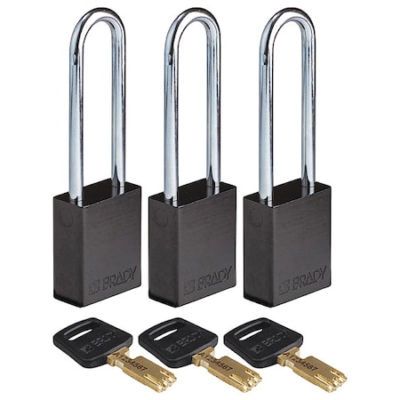 Lockout Padlock, Keyed Alike, Aluminum, Black, 3 in Shackle Height, 1 1/2 in Body Width, 3 PK MPN:ALU-BLK-76ST-KA3PK