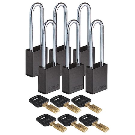 Lockout Padlock, Keyed Alike, Aluminum, Black, 3 in Shackle Height, 1 1/2 in Body Width, 6 PK MPN:ALU-BLK-76ST-KA6PK