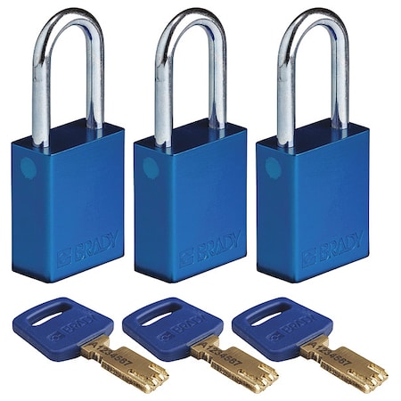 Lockout Padlock, Keyed Alike, Aluminum, Blue, 1 1/2 in Shackle Height, 1 1/2 in Body Width, 3 PK MPN:ALU-BLU-38ST-KA3PK