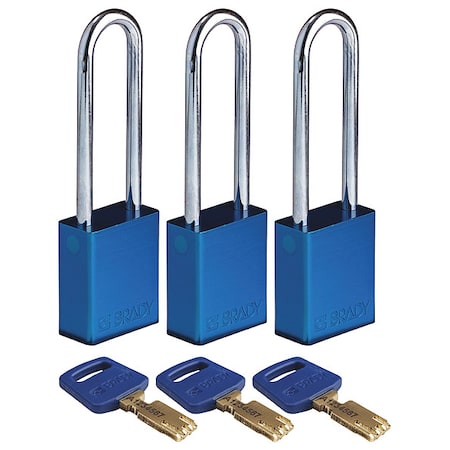 Lockout Padlock, Keyed Alike, Aluminum, Blue, 3 in Shackle Height, 1 1/2 in Body Width, 3 PK MPN:ALU-BLU-76ST-KA3PK