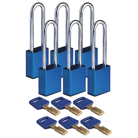 Lockout Padlock, Keyed Alike, Aluminum, Blue, 3 in Shackle Height, 1 1/2 in Body Width, 6 PK MPN:ALU-BLU-76ST-KA6PK