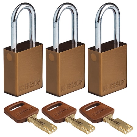 Lockout Padlock, Keyed Alike, Aluminum, Brown, 1 1/2 in Shackle Height, 1 1/2 in Body Width, 3 PK MPN:ALU-BRN-38ST-KA3PK