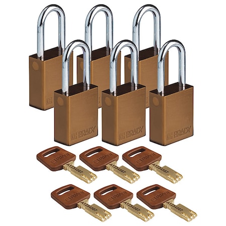 Lockout Padlock, Keyed Different, Aluminum, Brown, 1 1/2 in Shackle Height, 1 1/2 in Body Width MPN:ALU-BRN-38ST-KD6PK