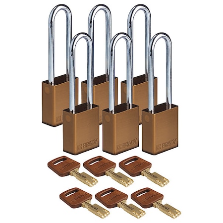 Lockout Padlock, Keyed Alike, Aluminum, Brown, 3 in Shackle Height, 1 1/2 in Body Width, 6 PK MPN:ALU-BRN-76ST-KA6PK