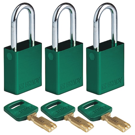 Lockout Padlock, Keyed Alike, Aluminum, Green, 1 1/2 in Shackle Height, 1 1/2 in Body Width, 3 PK MPN:ALU-GRN-38ST-KA3PK
