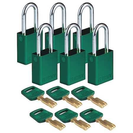 Lockout Padlock, Keyed Alike, Aluminum, Green, 1 1/2 in Shackle Height, 1 1/2 in Body Width, 6 PK MPN:ALU-GRN-38ST-KA6PK