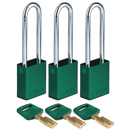 Lockout Padlock, Keyed Alike, Aluminum, Green, 3 in Shackle Height, 1 1/2 in Body Width, 3 PK MPN:ALU-GRN-76ST-KA3PK