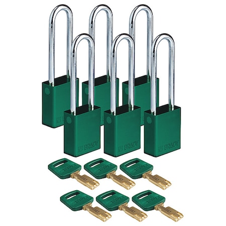 Lockout Padlock, Keyed Different, Aluminum, Green, 3 in Shackle Height, 1 1/2 in Body Width, 6 PK MPN:ALU-GRN-76ST-KD6PK
