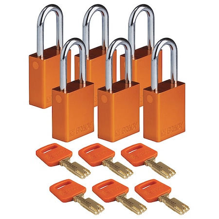 Lockout Padlock, Keyed Different, Aluminum, Orange, 1 1/2 in Shackle Height, 1 1/2 in Body Width MPN:ALU-ORG-38ST-KD6PK