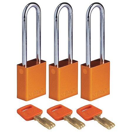 Lockout Padlock, Keyed Alike, Aluminum, Orange, 3 in Shackle Height, 1 1/2 in Body Width, 3 PK MPN:ALU-ORG-76ST-KA3PK