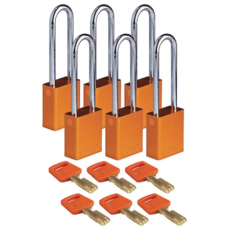 Lockout Padlock, Keyed Different, Aluminum, Orange, 3 in Shackle Height, 1 1/2 in Body Width, 6 PK MPN:ALU-ORG-76ST-KD6PK