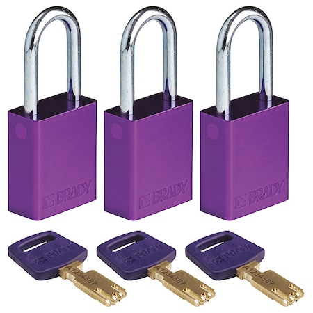 Lockout Padlock, Keyed Alike, Aluminum, Purple, 1 1/2 in Shackle Height, 1 1/2 in Body Width, 3 PK MPN:ALU-PRP-38ST-KA3PK