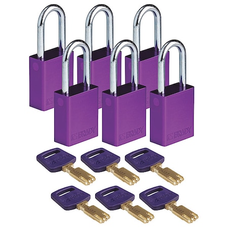 Lockout Padlock, Keyed Alike, Aluminum, Purple, 1 1/2 in Shackle Height, 1 1/2 in Body Width, 6 PK MPN:ALU-PRP-38ST-KA6PK