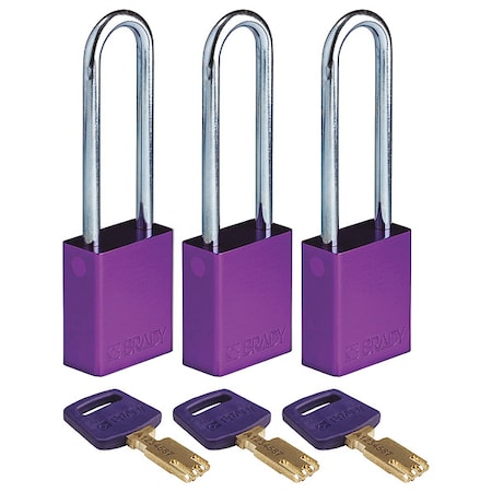 Lockout Padlock, Keyed Alike, Aluminum, Purple, 3 in Shackle Height, 1 1/2 in Body Width, 3 PK MPN:ALU-PRP-76ST-KA3PK