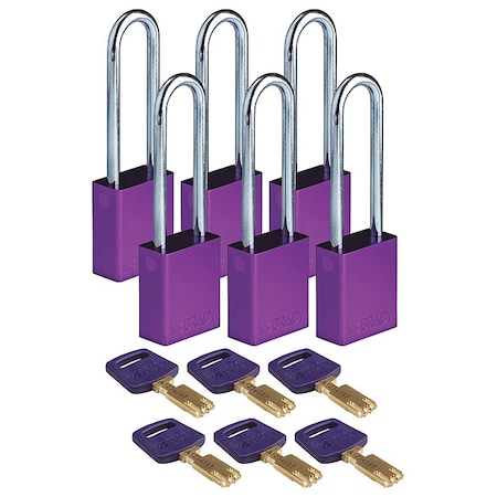 Lockout Padlock, Keyed Alike, Aluminum, Purple, 3 in Shackle Height, 1 1/2 in Body Width, 6 PK MPN:ALU-PRP-76ST-KA6PK