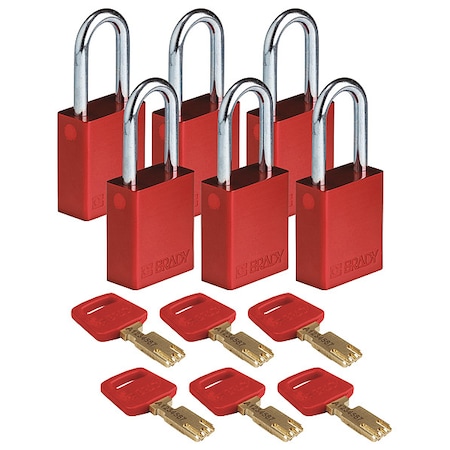 Lockout Padlock, Keyed Alike, Aluminum, Red, 1 1/2 in Shackle Height, 1 1/2 in Body Width, 6 PK MPN:ALU-RED-38ST-KA6PK