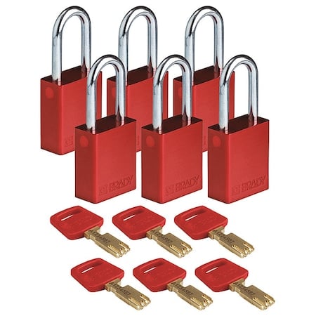 Lockout Padlock, Keyed Different, Aluminum, Red, 1 1/2 in Shackle Height, 1 1/2 in Body Width, 6 PK MPN:ALU-RED-38ST-KD6PK