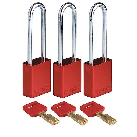 Lockout Padlock, Keyed Alike, Aluminum, Red, 3 in Shackle Height, 1 1/2 in Body Width, 3 PK MPN:ALU-RED-76ST-KA3PK