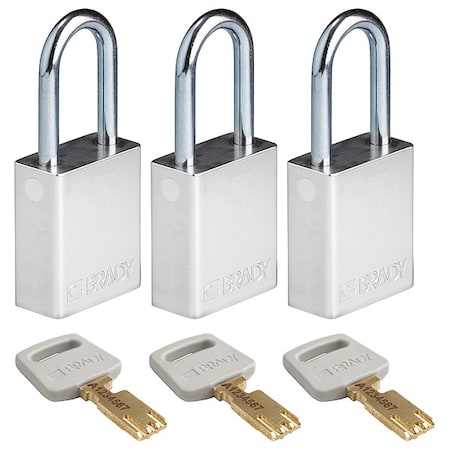 Lockout Padlock, Keyed Alike, Aluminum, Silver, 1 1/2 in Shackle Height, 1 1/2 in Body Width, 3 PK MPN:ALU-SLV-38ST-KA3PK