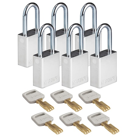 Lockout Padlock, Keyed Different, Aluminum, Silver, 1 1/2 in Shackle Height, 1 1/2 in Body Width MPN:ALU-SLV-38ST-KD6PK