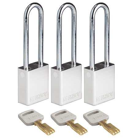 Lockout Padlock, Keyed Alike, Aluminum, Silver, 3 in Shackle Height, 1 1/2 in Body Width, 3 PK MPN:ALU-SLV-76ST-KA3PK