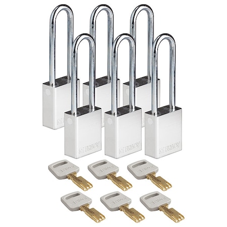 Lockout Padlock, Keyed Different, Aluminum, Silver, 3 in Shackle Height, 1 1/2 in Body Width, 6 PK MPN:ALU-SLV-76ST-KD6PK