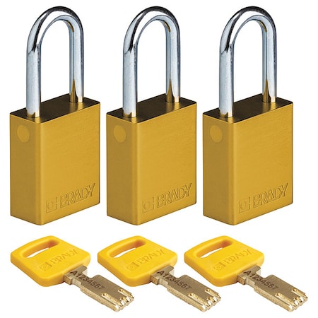 Lockout Padlock, Keyed Alike, Aluminum, Yellow, 1 1/2 in Shackle Height, 1 1/2 in Body Width, 3 PK MPN:ALU-YLW-38ST-KA3PK