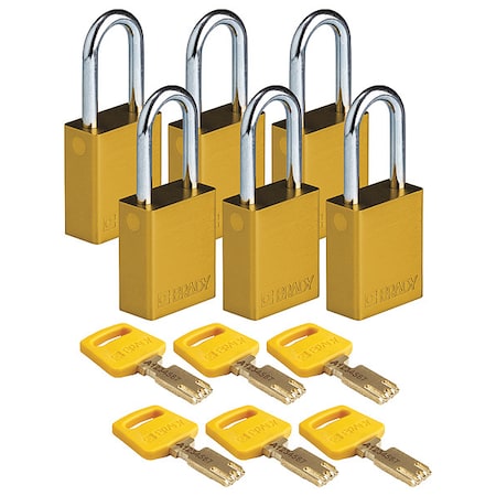 Lockout Padlock, Keyed Different, Aluminum, Yellow, 1 1/2 in Shackle Height, 1 1/2 in Body Width MPN:ALU-YLW-38ST-KD6PK