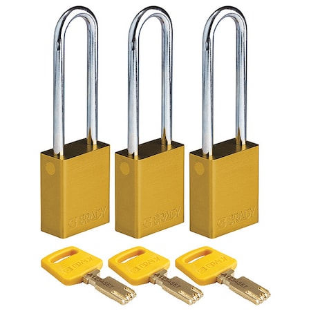 Lockout Padlock, Keyed Alike, Aluminum, Yellow, 3 in Shackle Height, 1 1/2 in Body Width, 3 PK MPN:ALU-YLW-76ST-KA3PK