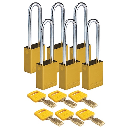 Lockout Padlock, Keyed Different, Aluminum, Yellow, 3 in Shackle Height, 1 1/2 in Body Width, 6 PK MPN:ALU-YLW-76ST-KD6PK