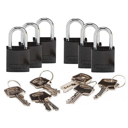 Lockout Padlock, Keyed Alike, Aluminum, Black, 1 in Shackle Height, 1 1/4 in Body Width, 6 PK MPN:CPAL-BLK-25AL-KA6