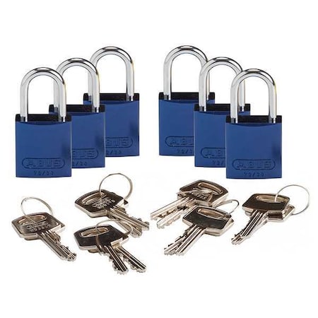 Lockout Padlock, Keyed Alike, Aluminum, Blue, 1 in Shackle Height, 1 1/4 in Body Width, 6 PK MPN:CPAL-BLU-25AL-KA6
